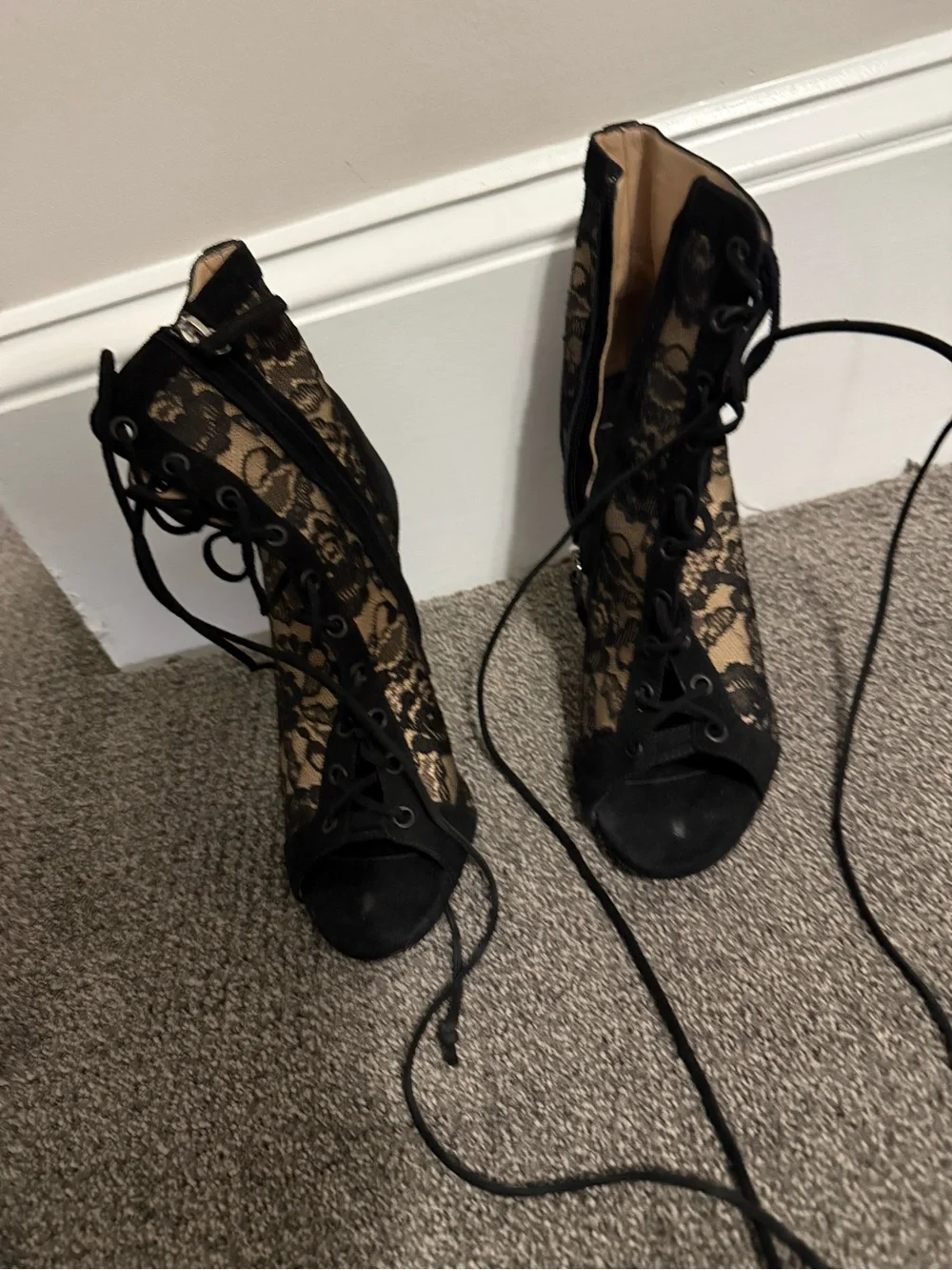 Giuseppe Zanotti Black Lace and Nude Mesh Lace-Up Stiletto Booties